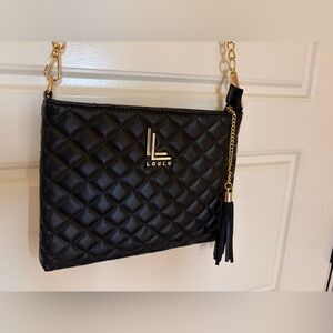 Black Quilted Crossbody with Gold Chain and Tassels leatherette,
